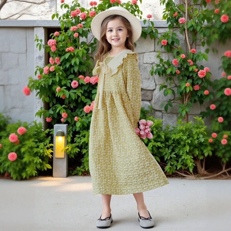 

Girls Dresses 2026 Spring New Sweet Jacquard Princess Dress for Kids Long Sleeve Casual Daily Fashion Teen Children Clothes 10 Y