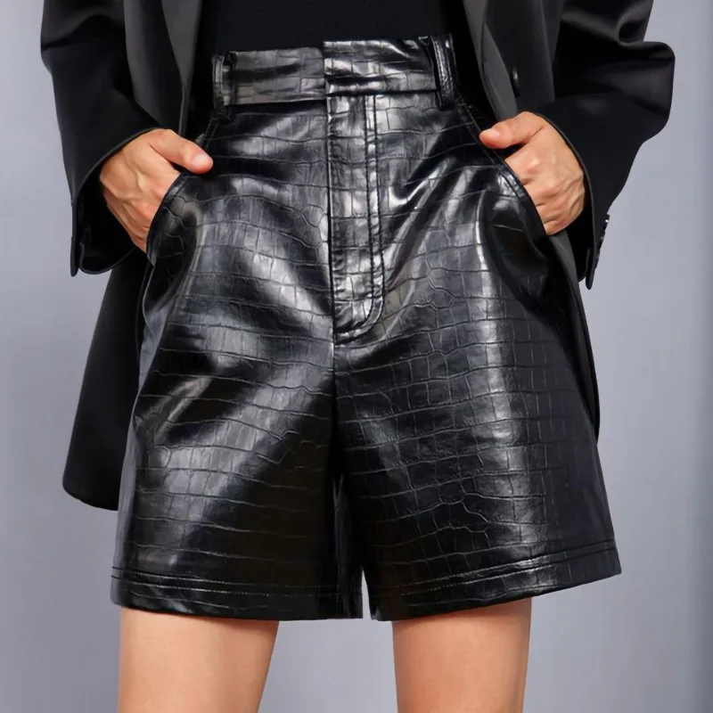 Lady Genuine Sheepskin Leather Shorts Crocodile Pattern Leather Pants Women Wide Leg Pants TF5333