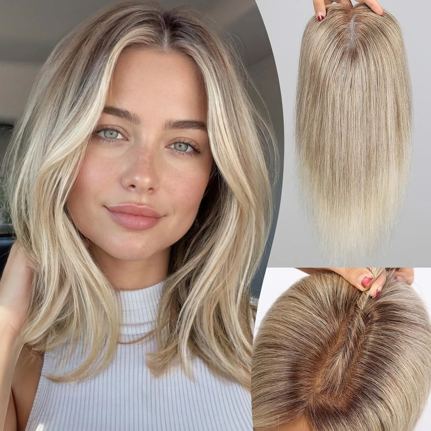 Ombre Gray Blonde 14 Inch Human Hair Topper for Women 5 × 6 Inches Upgrade Swiss Lace Base Hair Topper with 3 Non-Slip Clips