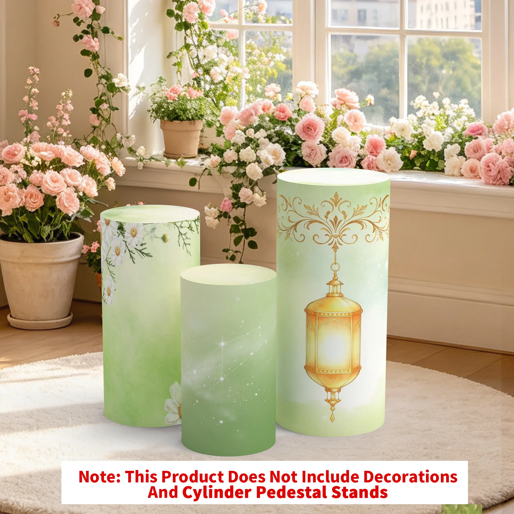 3 Sets of Polyester Cylindrical Elastic Bucket Covers, Party Tablecloths, Gradient Green Cylinder Base Covers, Spring Garden Birthday Party Dessert Table Display Background Decoration (Cylinder Base Stand Not Included)
