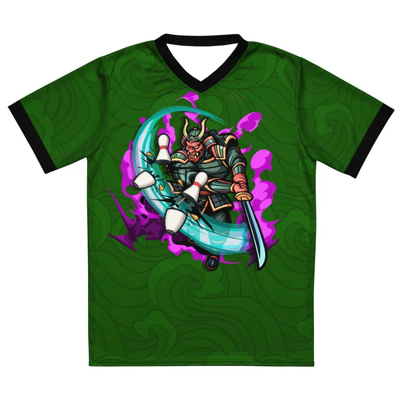 Grey Japanese Wave Background V Neck Bowling Jersey Samurai Strikers Samurai Warrior Breathable Quick Dry Sport Family Kids Tees