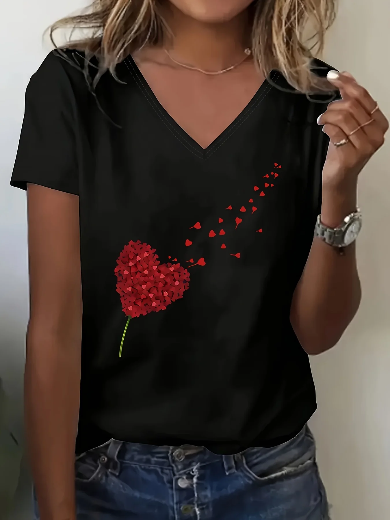 Women's Casual V-Neck Short Sleeve T-Shirt - Bright Red Heart Dandelion Print, Comfortable and Cool Fabric, Machine Washable, Wear in All Seasons