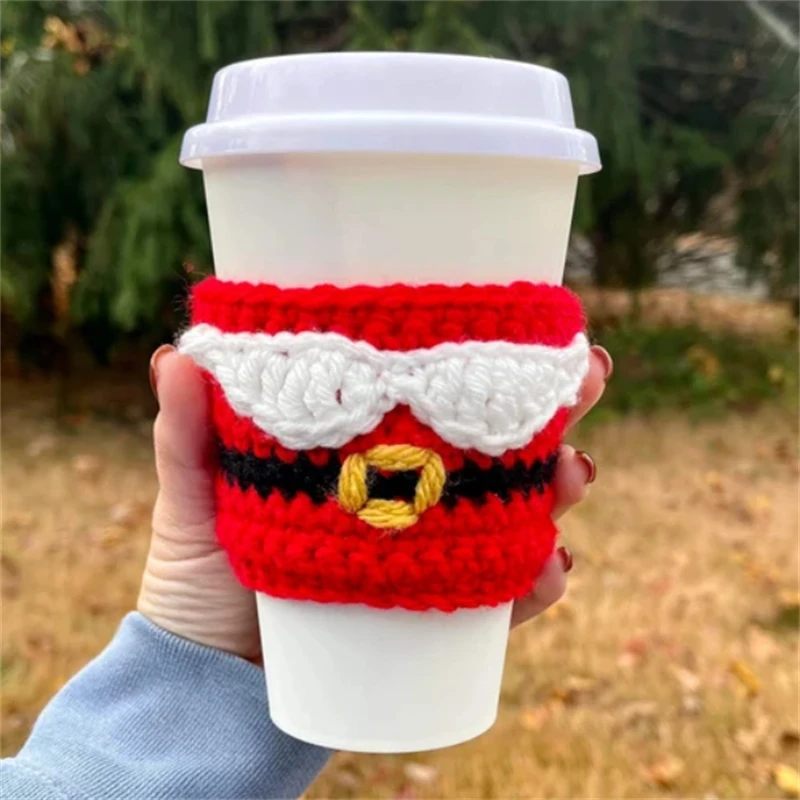 

Anti-slip insulation Christmas cup set Santa belt style Handmade crocheted Donut style cup sleeve Cute Christmas tree cup sleeve