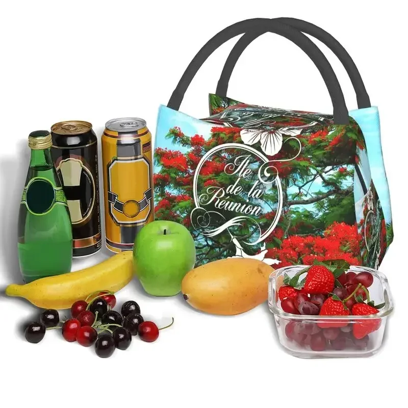 

974 Reunion Island Insulated Lunch Bags for Women Flamboyant And Hibiscus Resuable Thermal Cooler Food Lunch Box Work Travel