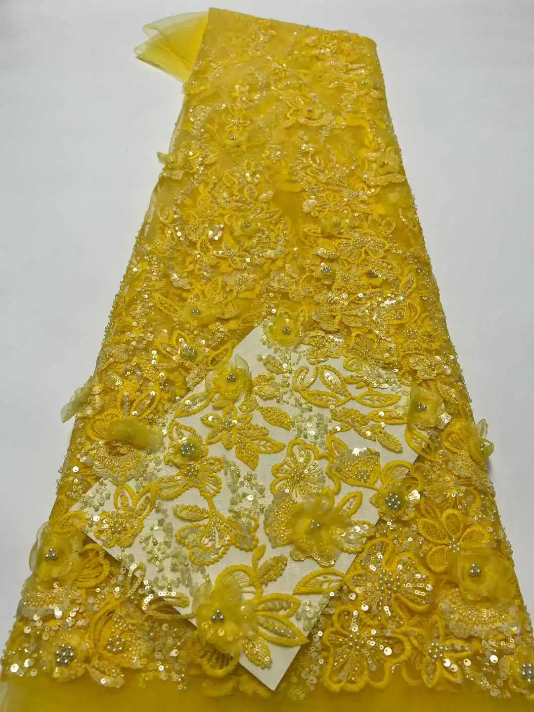 

New Design 3D Flower African Sequins Lace High Quality Tulle Lace French Nigerian Beads Net Lace Fabric For Sewing Wedding Dress