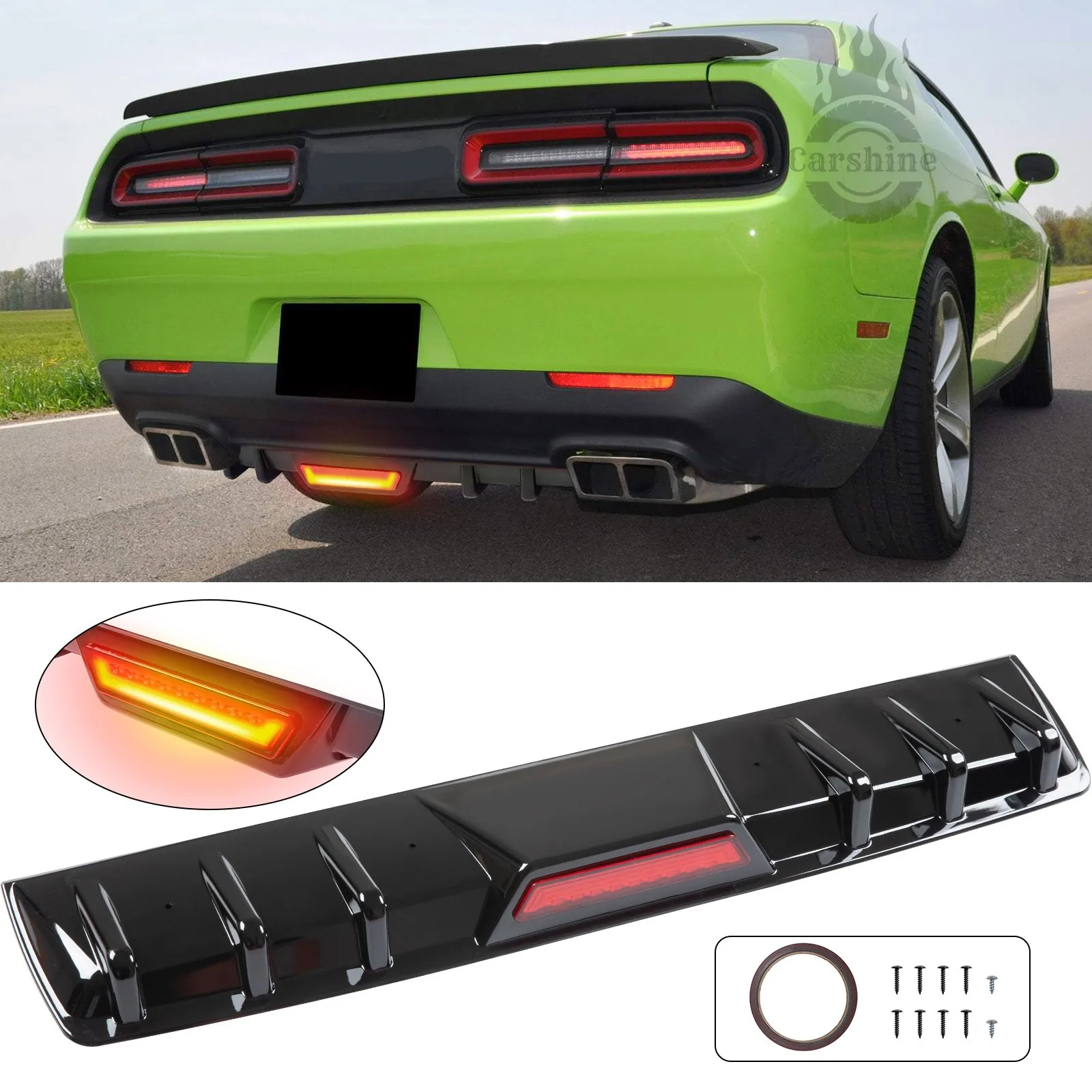 

Для Dodge Challenger: задний бампер, диффузор, сплиттер, спойлер, черные аэродинамические плавники («акулий плавник»)