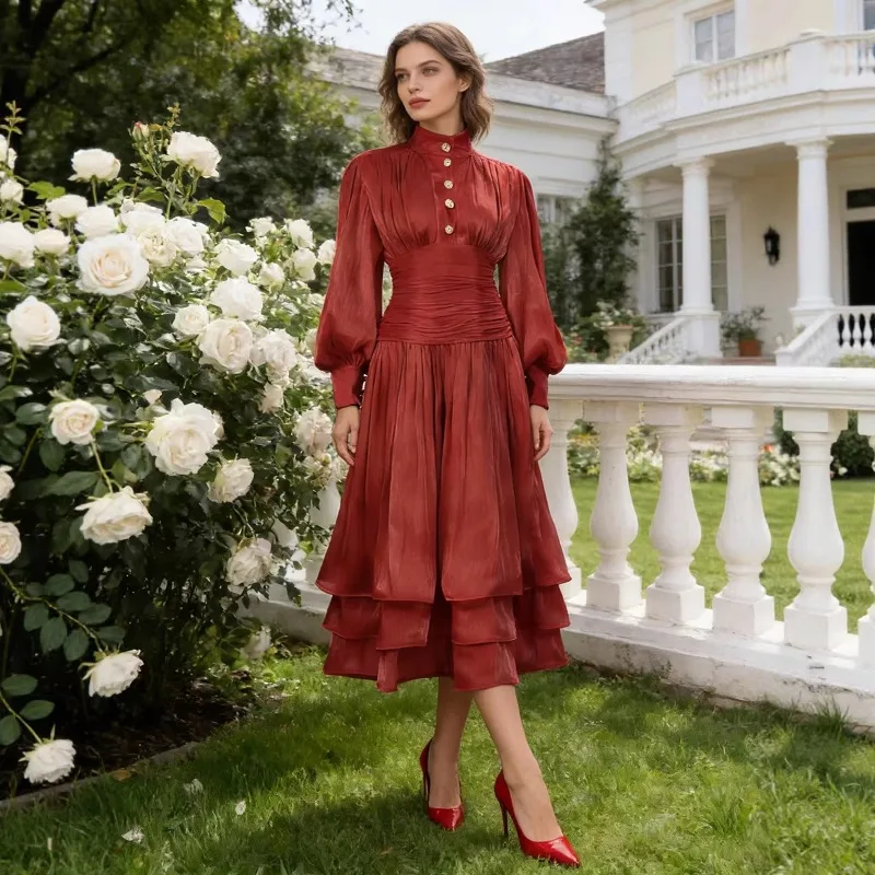 Vintage Maxi Dresses Long Lantern Sleeves Stand Collar A-line Dress Tierred Layered Single Breasted Apricot Ladies Long Vestidos