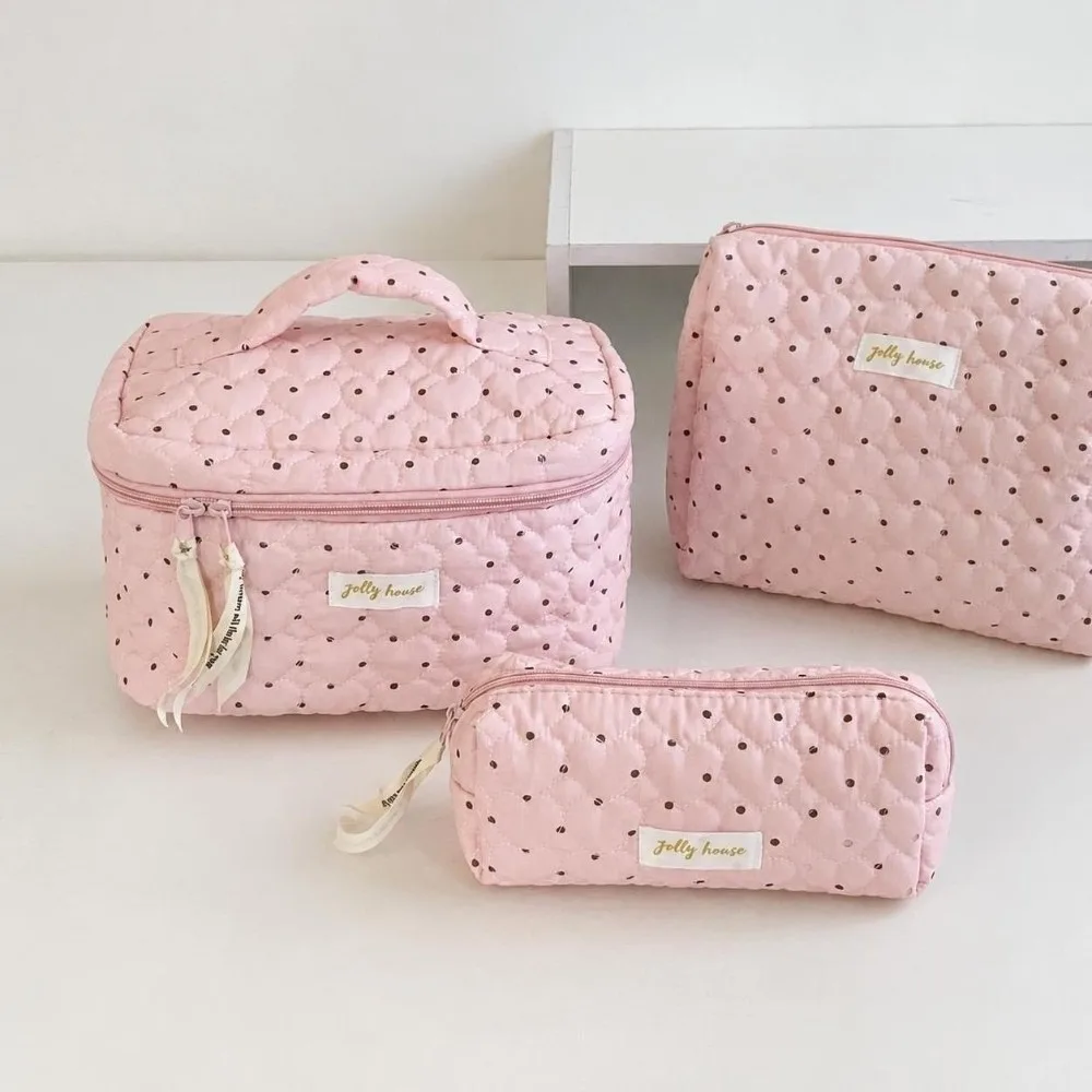 Polka Dots Quilted Makeup Bag Mint Green Color Large Capacity Cosmetic Storage Bag Multifunctional Soft Cotton Zipper Clutch Bag