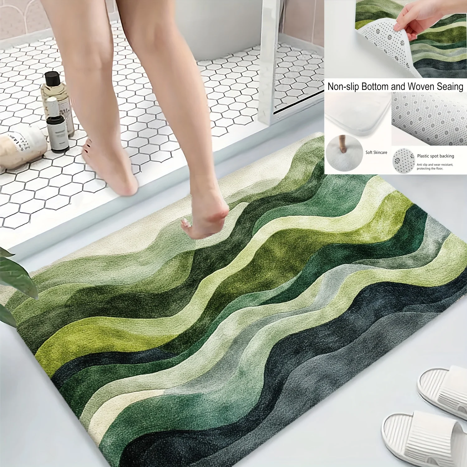 Green Gray Corrugated Print Bath Mat,  Non-Slip Rug, Dual-Tone Decor for Bathroom, Kitchen, Entryway, Housewarming Gift