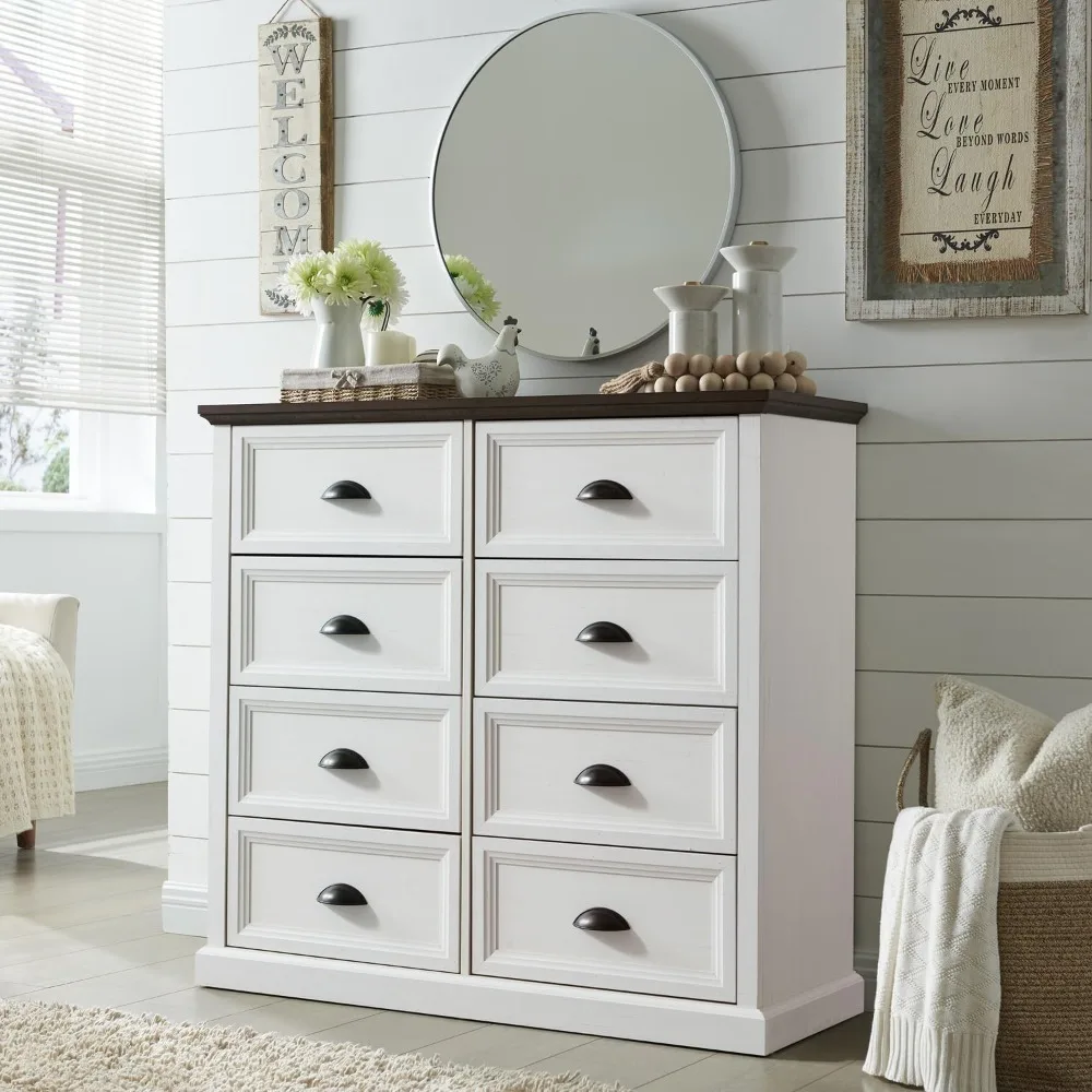 Farmhouse 8-drawer bedroom vanity, 39 inch high vanity and drawer box, wooden country bedroom vanity