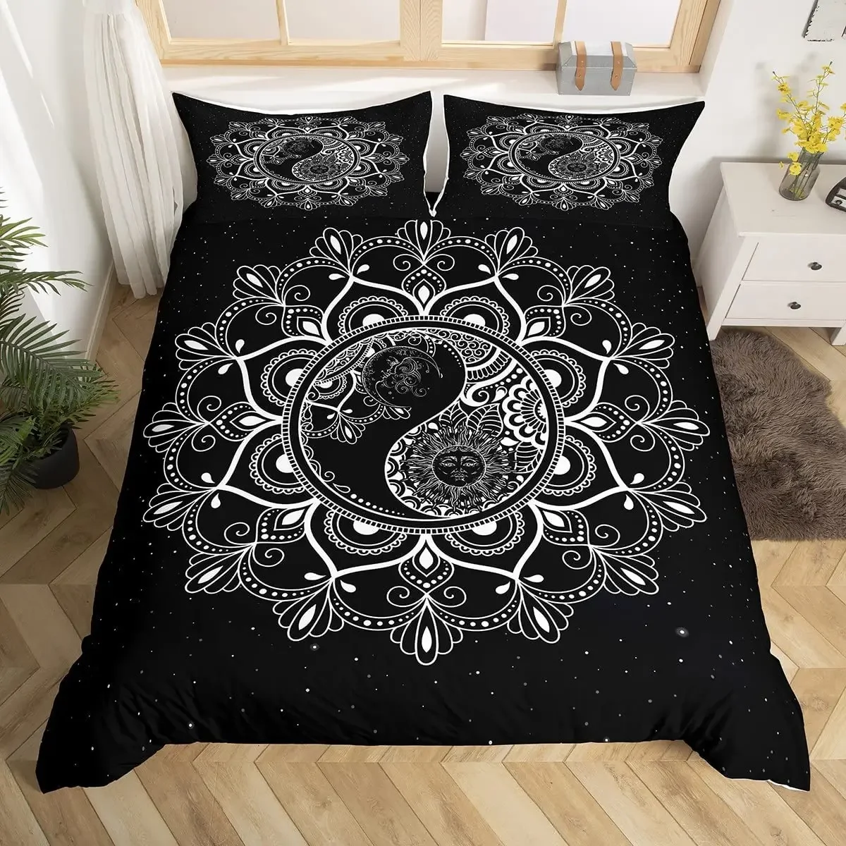 3D Black And White Duvet Cover Set Bohemian Mandala Bedding Set For Kids Child Yin And Yang Polyester Comforter Cover King Size