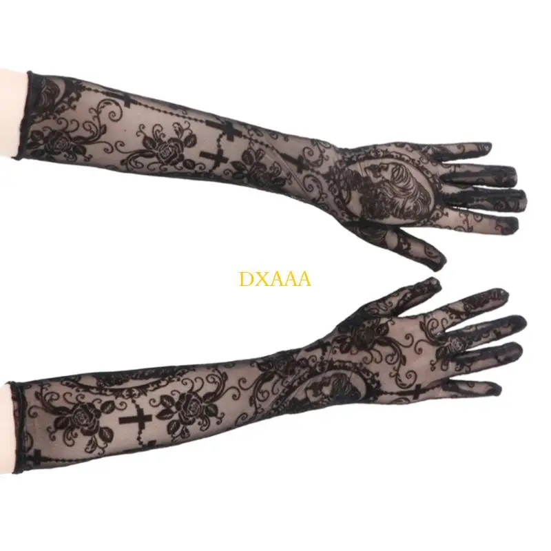 DXAA Stretchable Halloween Gloves Embroidered Skull Crosses Pattern Roleplay Accessory