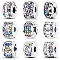 Fashion 925 Silver Color Colorful Zircon Stars Moon Sun Separator Charms Beads Fit Pandora Original Bracelet Fine DIY Jewelry