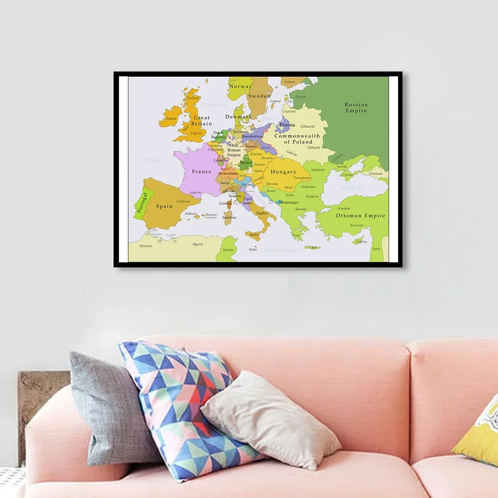 90*60cm 1700-1850 a europa mapa político do vintage pintura da lona parede arte cartaz sala de aula decoração para casa crianças material escolar