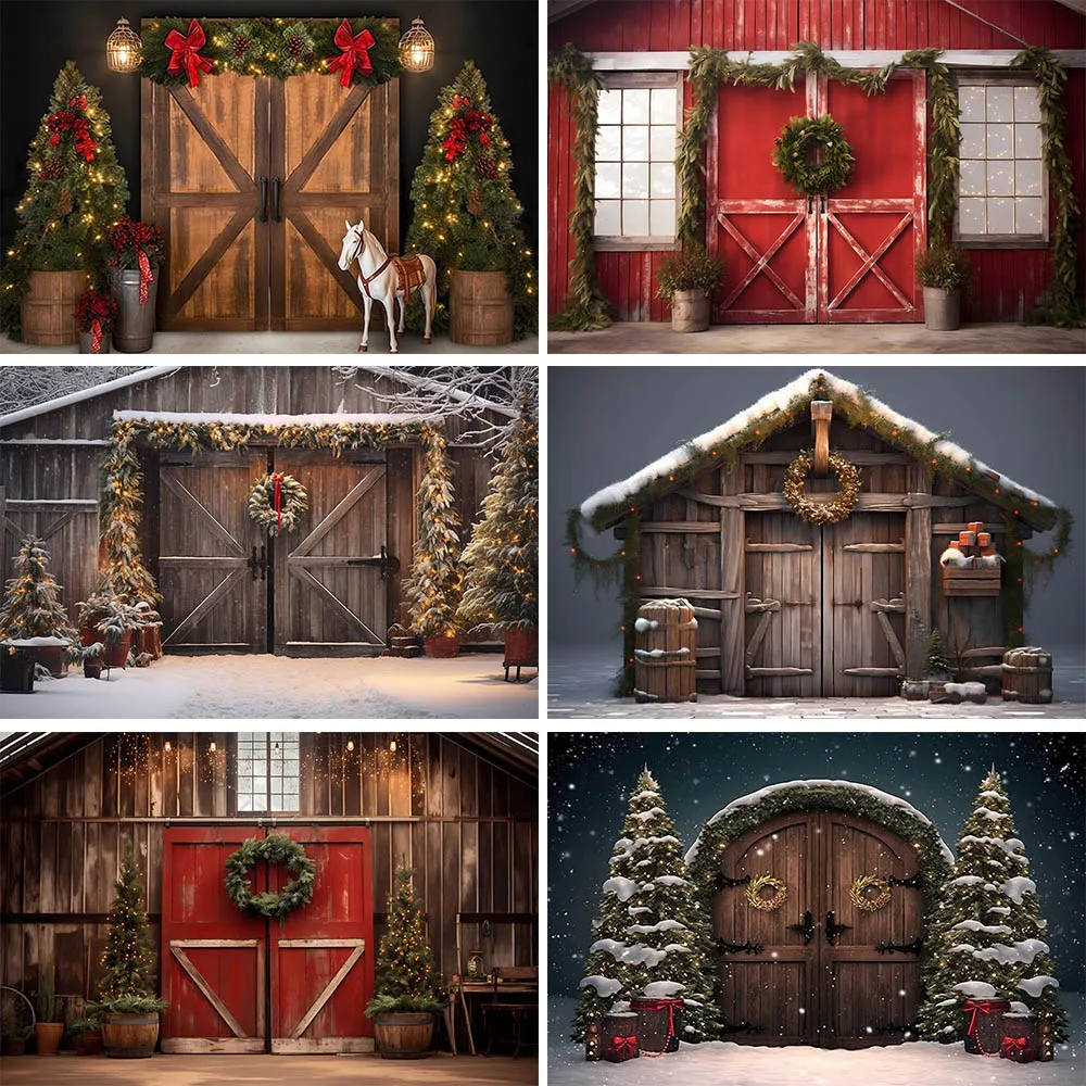 

Mocsicka Wooden Door Snow Winter Christmas Photography Backdrops Xmas Tree Wreath Wood House Child Portrait Background Photocall