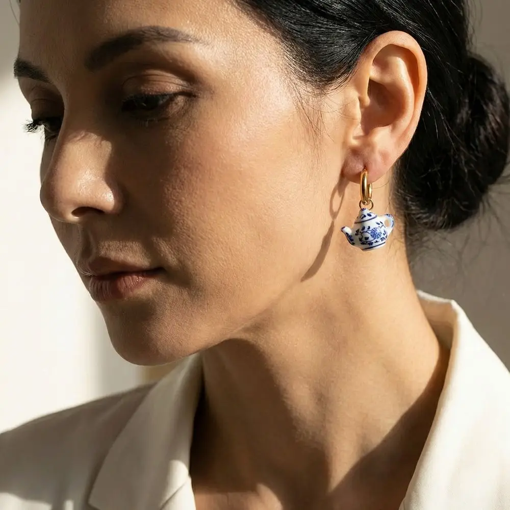 Chinese Style Ceramic Ear Buckle Dripping Oil Stainless Steel Blue and White Porcelain Earrings Flower Hand Drawn