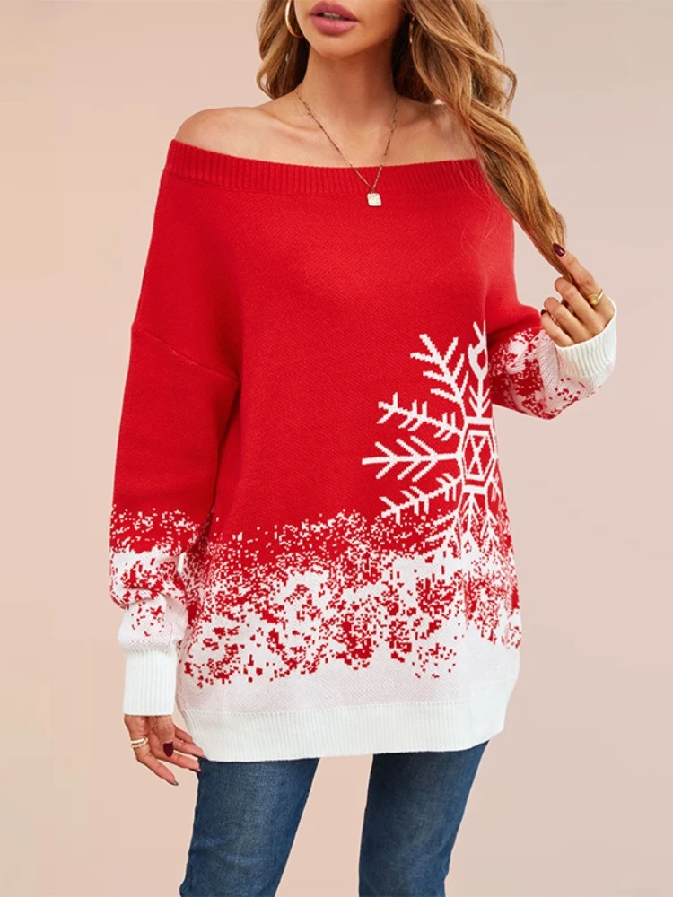 New in Women's Winter Knit Sweater - Off Shoulder Pullover with Snowflake Pattern Christmas Color Block Mid-Length Casual Jumper