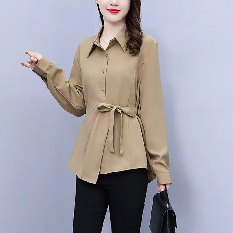 

Minimalist Lapel Spring Women's Clothing Solid Color Button Up Tie Up with Slanted Edges Irregular Long Sleeved Loose Shirt Tops