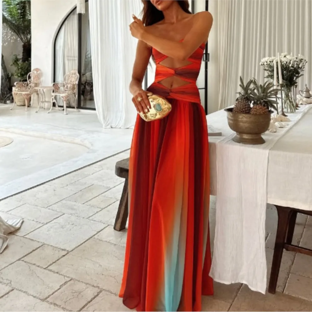 

Sexy Fashion Dress Summer Temperament Gradient Casual Holiday Style Woman Clothes Sleeveless Mid-waist Hollow Long Vestido