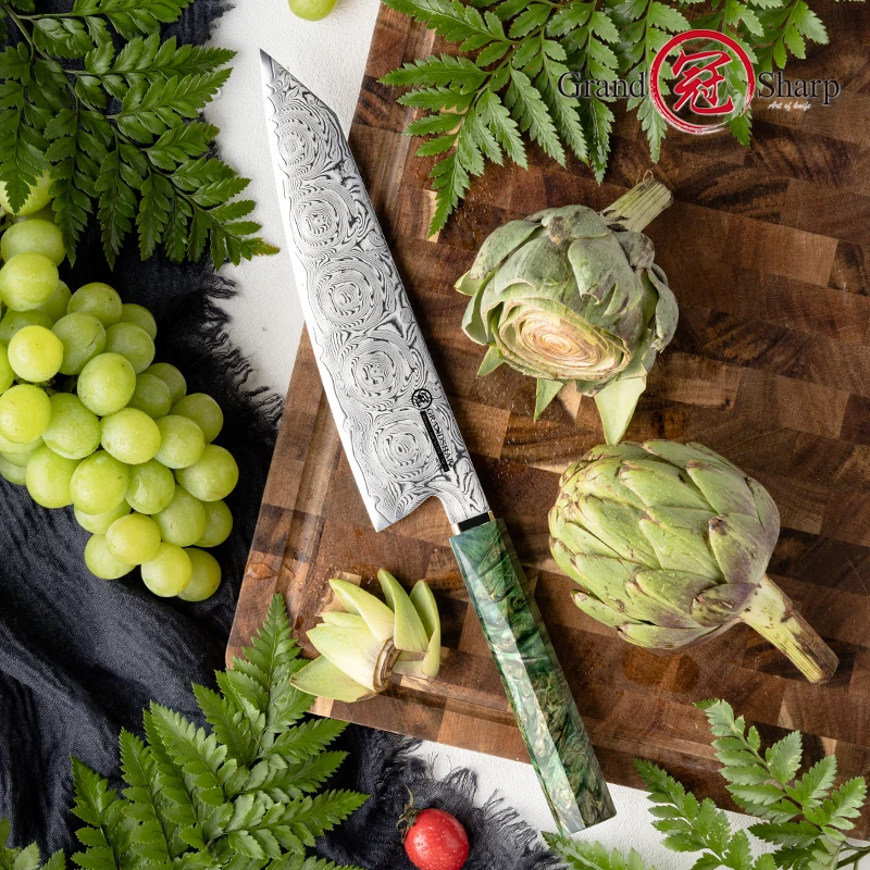 Grandsharp 8''Kiritsuke Knife 67 Layers Damascus Steel Sharp Blade Kitchen Knife with Visible Humanized Design Handle