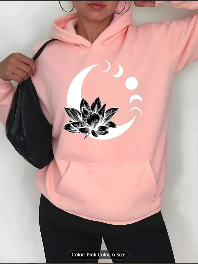 

Womens Hoodie Lotus Moon Phase Graphic Print Casual Oversized Drawstring Hooded Sweatshirt for Spiritual Style Lovers Cotton