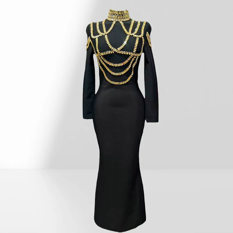 

2026 New Chic Golden Diamond Black Black Bodycon Bandage Long Dress Graceful Woman Party Dress Cocktail Party Vestido