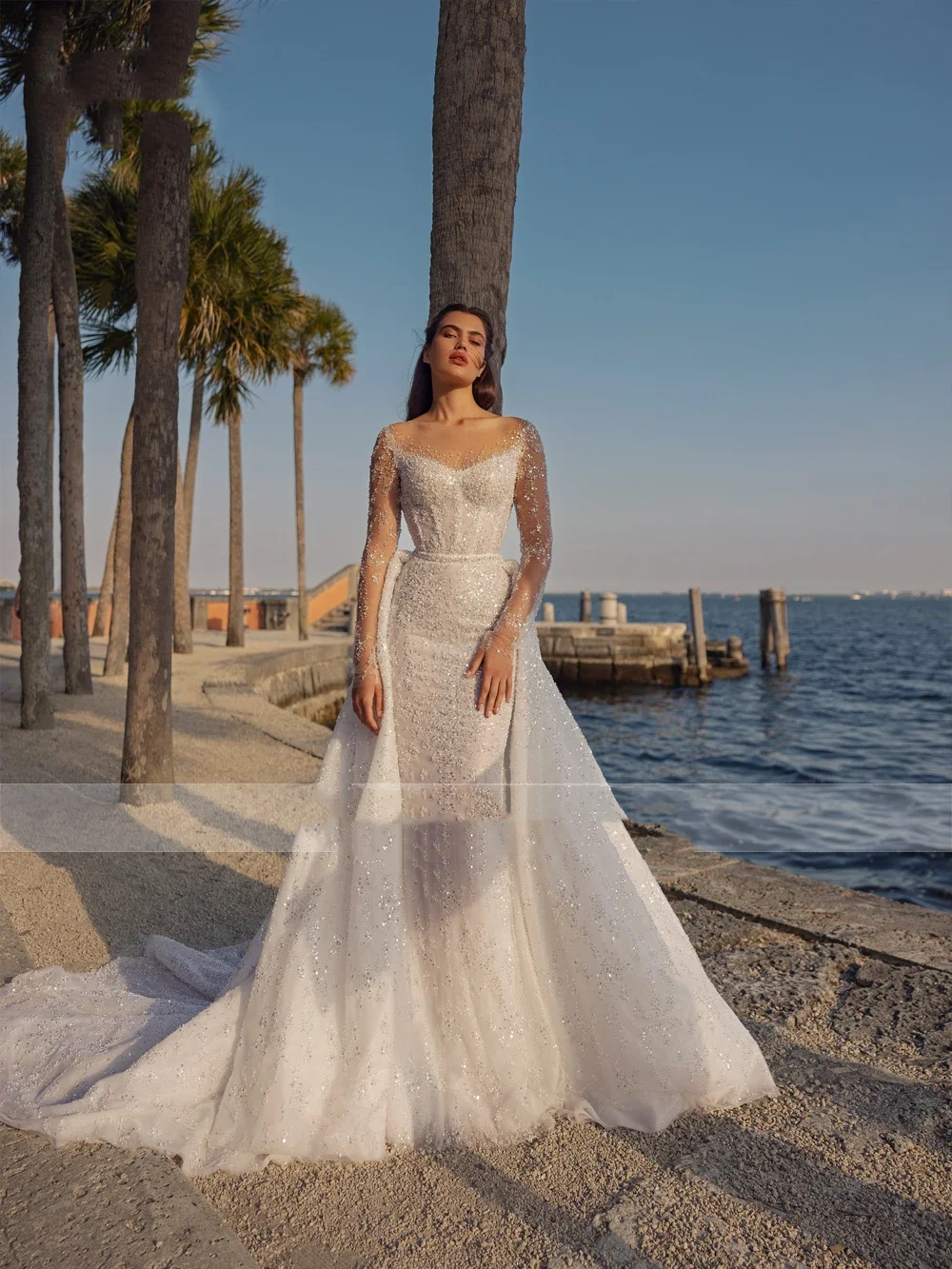 

Flavinke Customized Mermaid Wedding Dresses Women Sweetheart Long Sleeves Bridal Gown Crystal Skirt Detachable Train Dresses