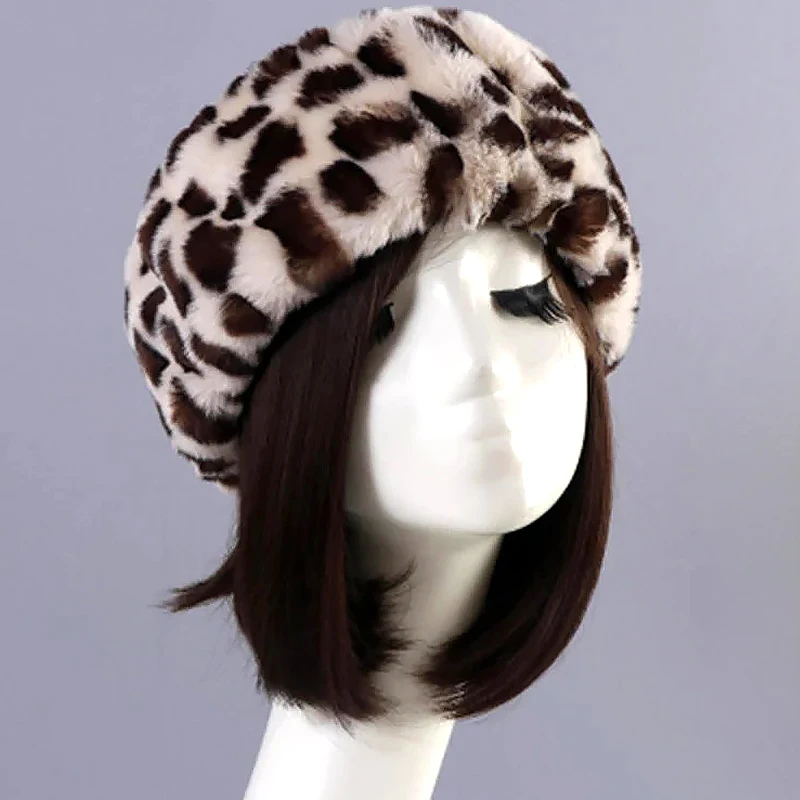 Winter Thick Furry Hairband Fluffy Russian Faux Fur Women Girl Fur Headband Hat Winter Outdoor Earwarmer Ski Hats Leopard 62cm