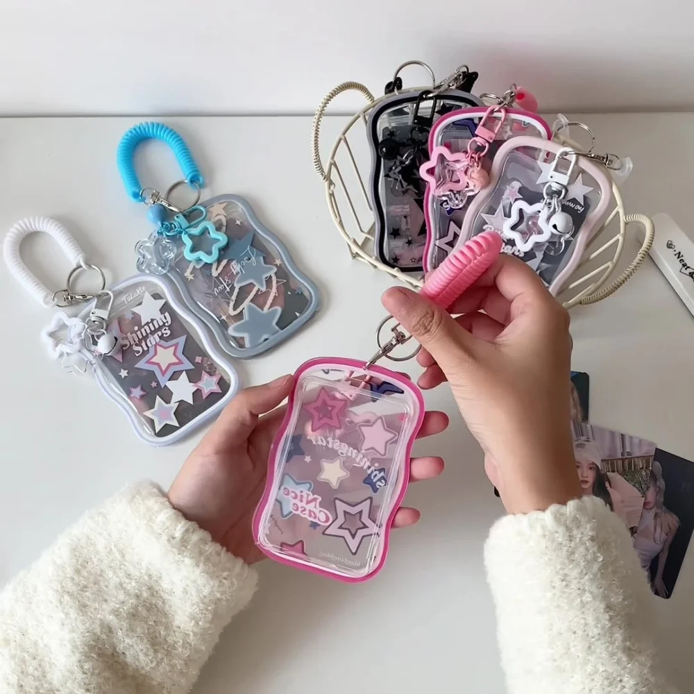 Idol Photo Storage Display Card Holder Sweet Star Photocard Holder With Spring Rope Bell Pendant ID Card Protective Case Keyring