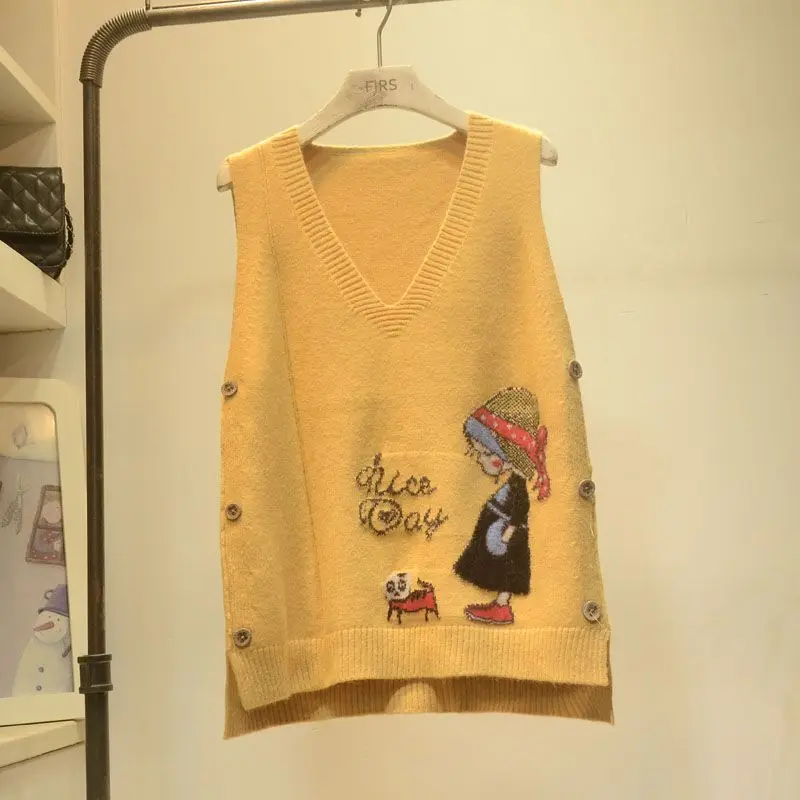 

Spring Autumn New Style Cartoon V-neck Knitted Vest Women Outerwear Sweater Vest Loose Small Vest Commute Style Pure Color