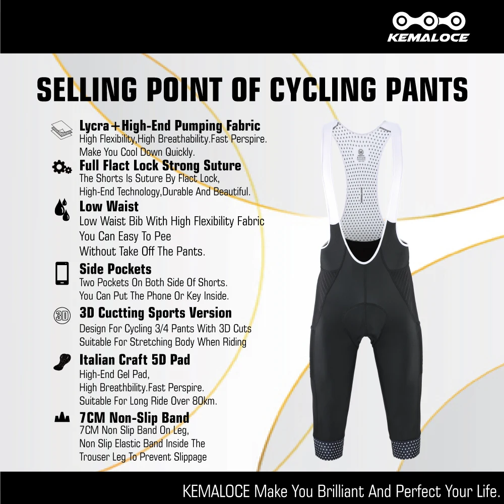 KEMALOCE Cycling Pants 3/4 Summer Anti-UV High End Gel Pad Bike Bib Pants 3/4 Solid Black/Grey/Blue Spring Bicycle Knicker