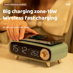 15W wireless fast charging multi-function bluetooth speaker six-in-one bedside charging night light alarm clock temperature disp