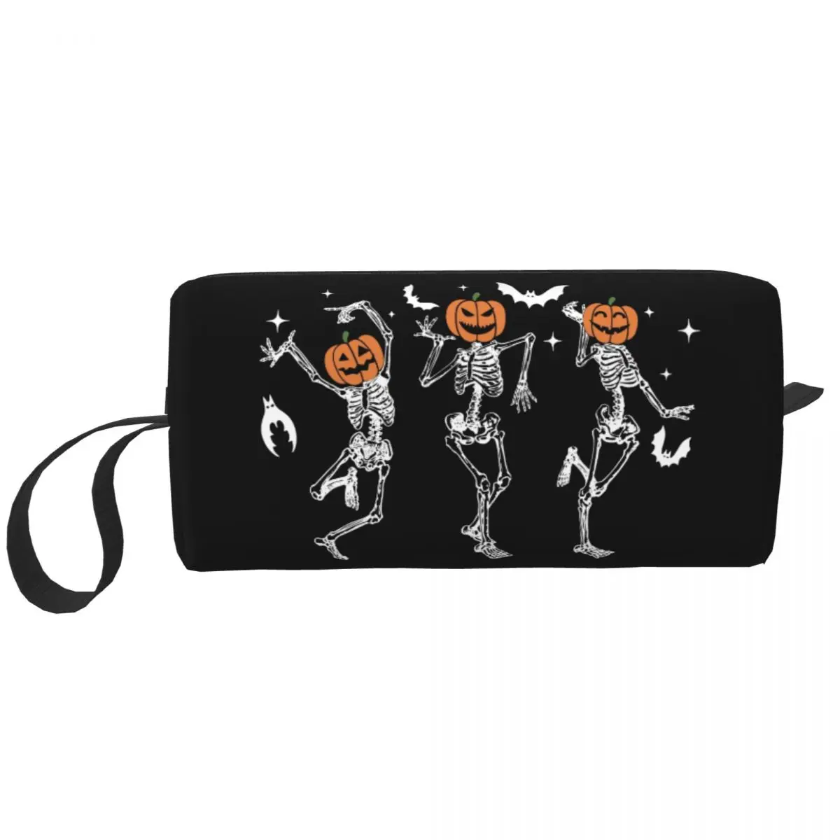 Benutzerdefinierte tanzende Skelett-Make-up-Tasche für Frauen, Reise-Kosmetik-Organizer, modische Halloween-Kürbis-Skelett-Aufbewahrung, Kulturbeutel