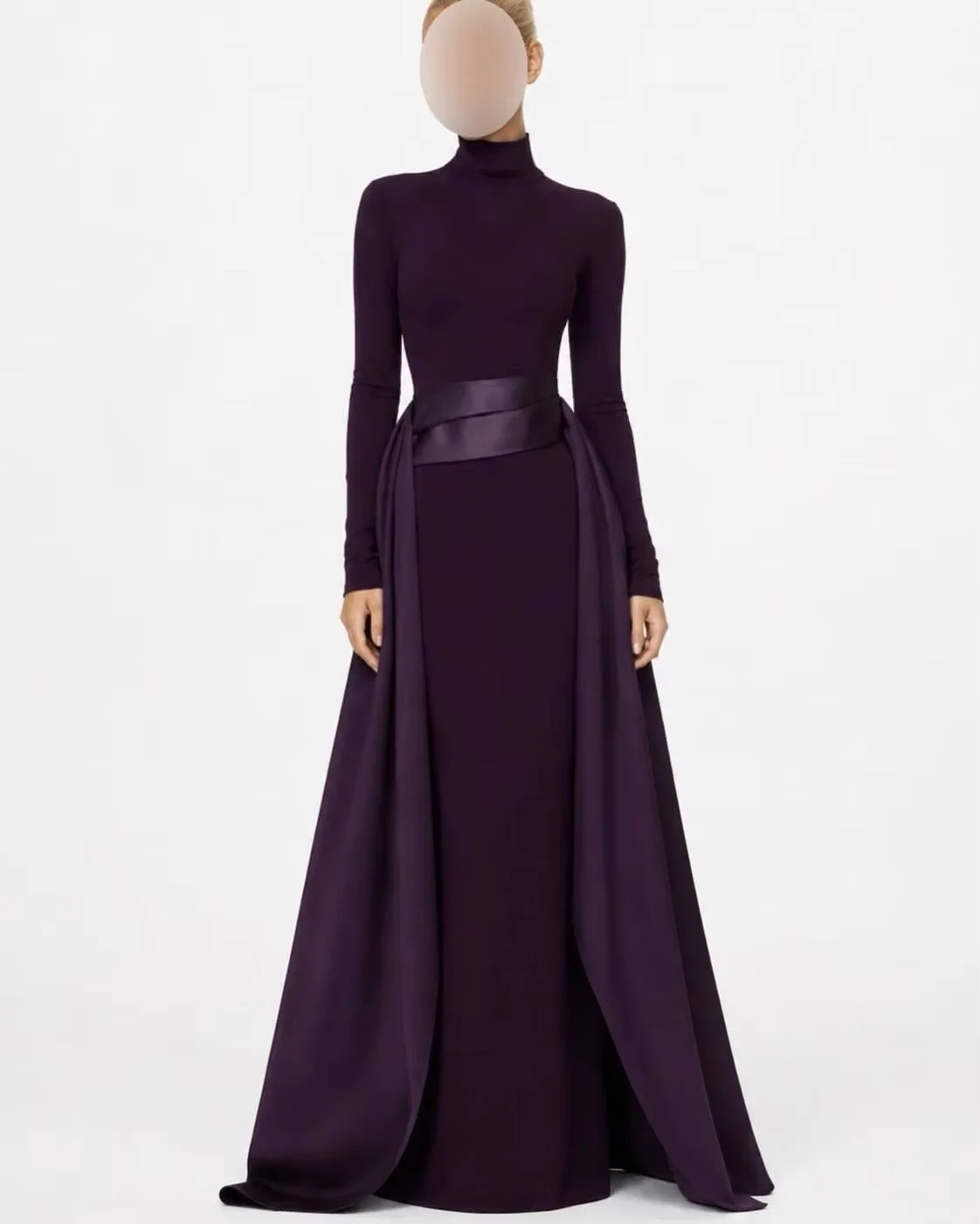 Modest maxi gown with high neck and long sleeves, attached cape drape. Custom size and color available. Elegant conservative cut