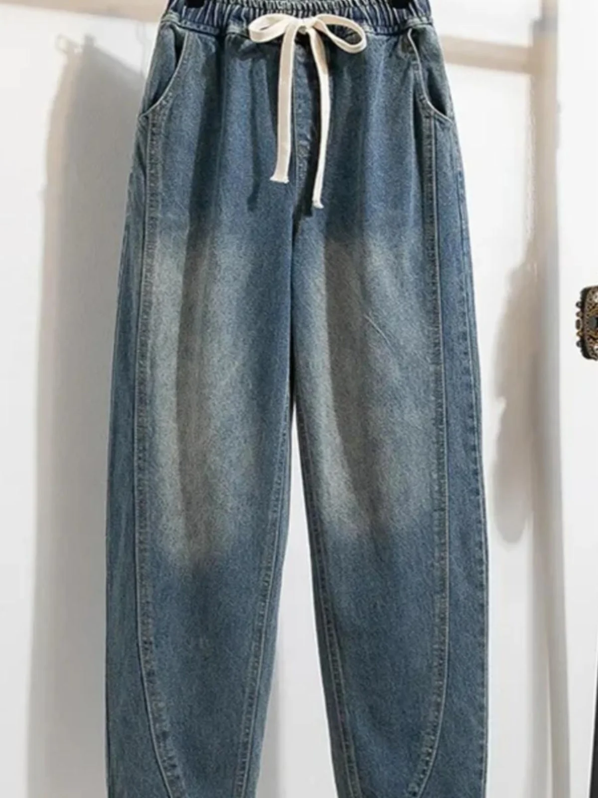 

plus Size Women's Elastic Waist Drawstring Harlan Jeans 300 Pounds Straight Leg Casual Pants Autumn Loose Slimming Trousers