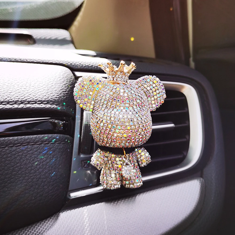 Clip de Perfume de fragancia de coche de oso lindo de diamante de corona creativa, salida de aire, Aroma de decoración de coche, accesorios de decoración de ambientador