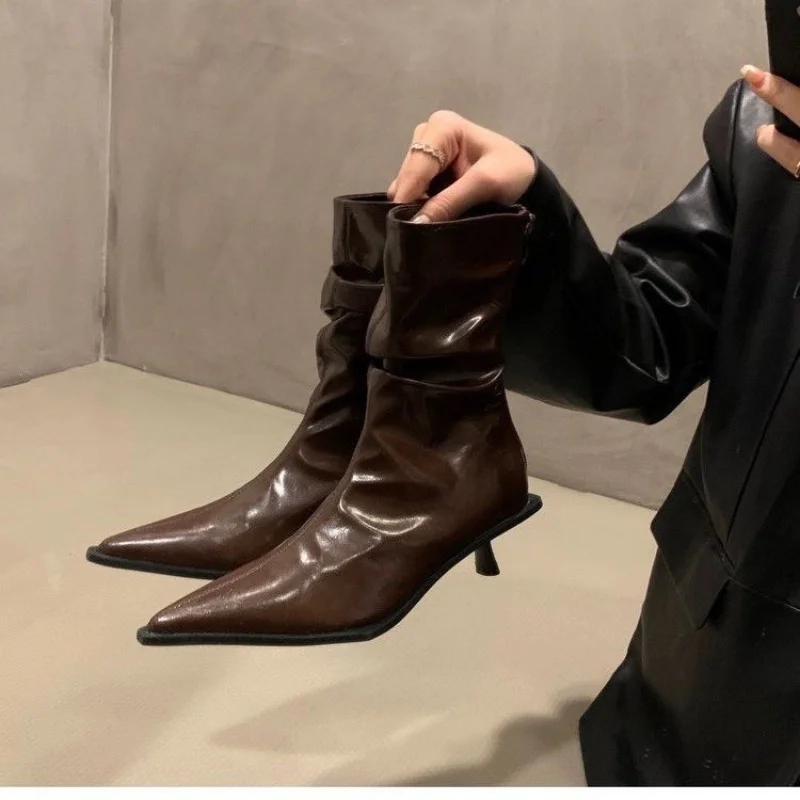 

2025 New Stylish Stack Boots Autumn New Pointed Toe Rear Zipper Non-Slip Wear-Resistant Stiletto Heels