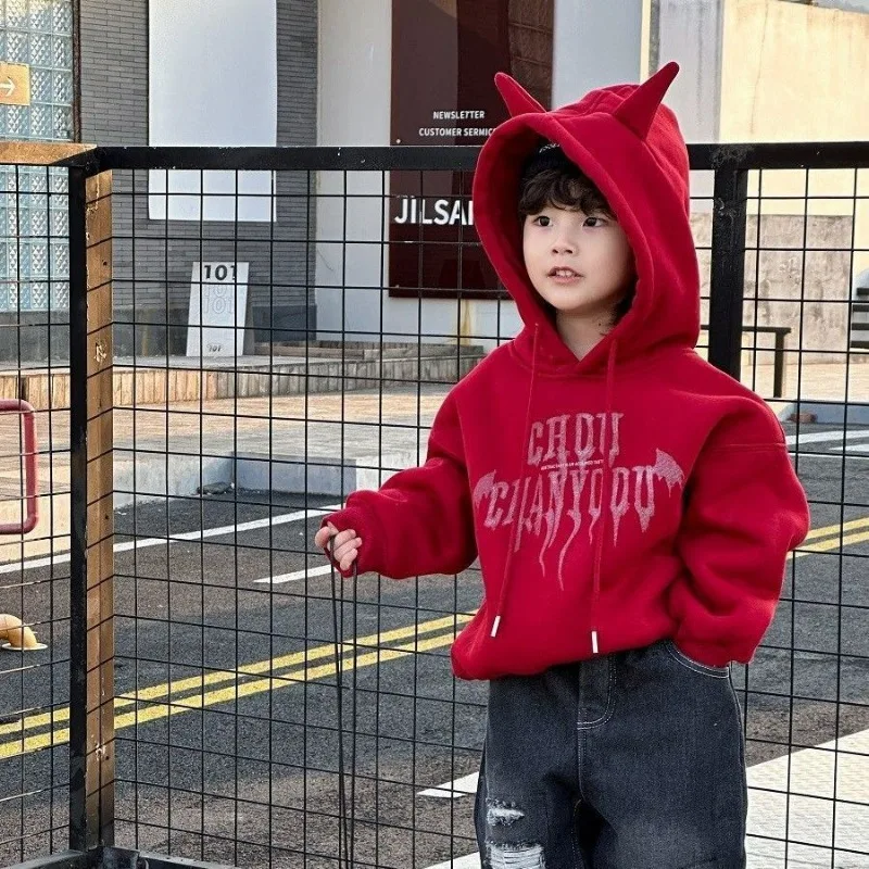 Boys' Autumn and Winter Wool Thick Hoodie 2025 New Style Children's Red Western-style American Letter Hooded Jacket