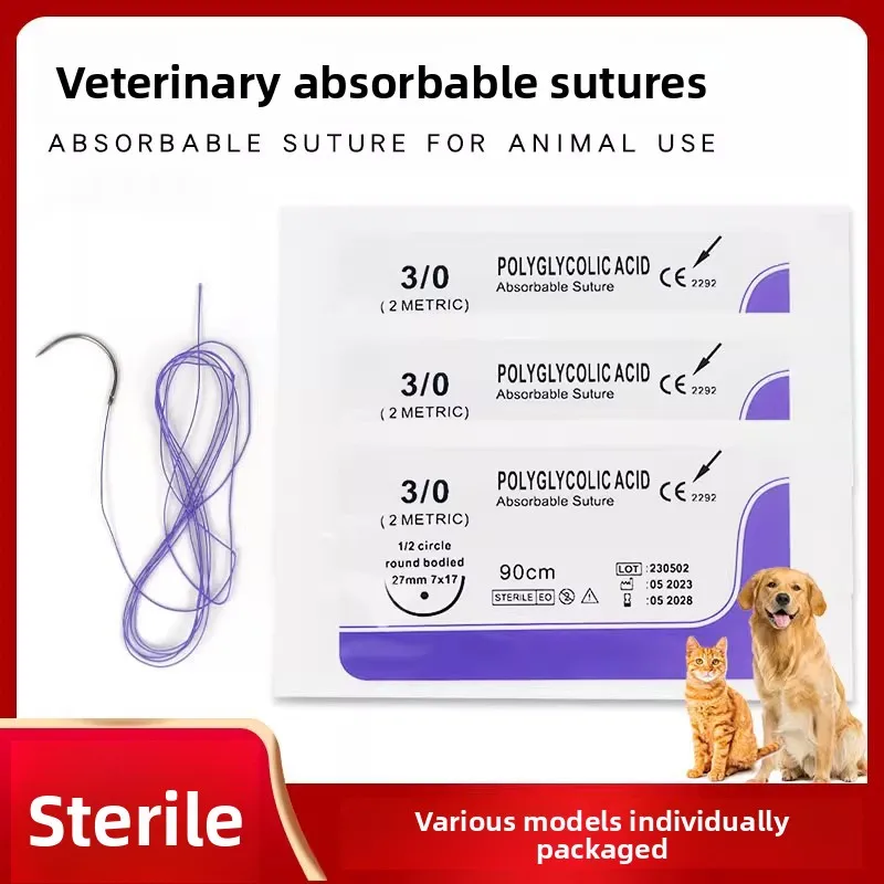 Absorbable Suture Thread (Non-Removable) for Pet Surgery with Angular Needles and Round Needles 12 Pieces/Box