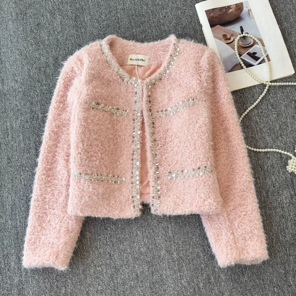 Clothland Women Stylish Sequin Jacket Long Sleeve Shiny Pink White Female Outwear Casual Fashion Coat CB122