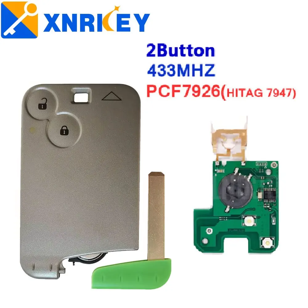 XNRKEY 2 Button Smart Card Key for Renault Laguna Remote Car Key  PCF7926 Chip 433Mhz Without Logo Green Blade