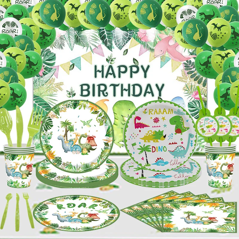 Dinosaur Birthday Party Decoration Tableware Set Tablecloth Backdrop Paper Cup Plates Kid Party Supplies Happy Birthday Dinosaur