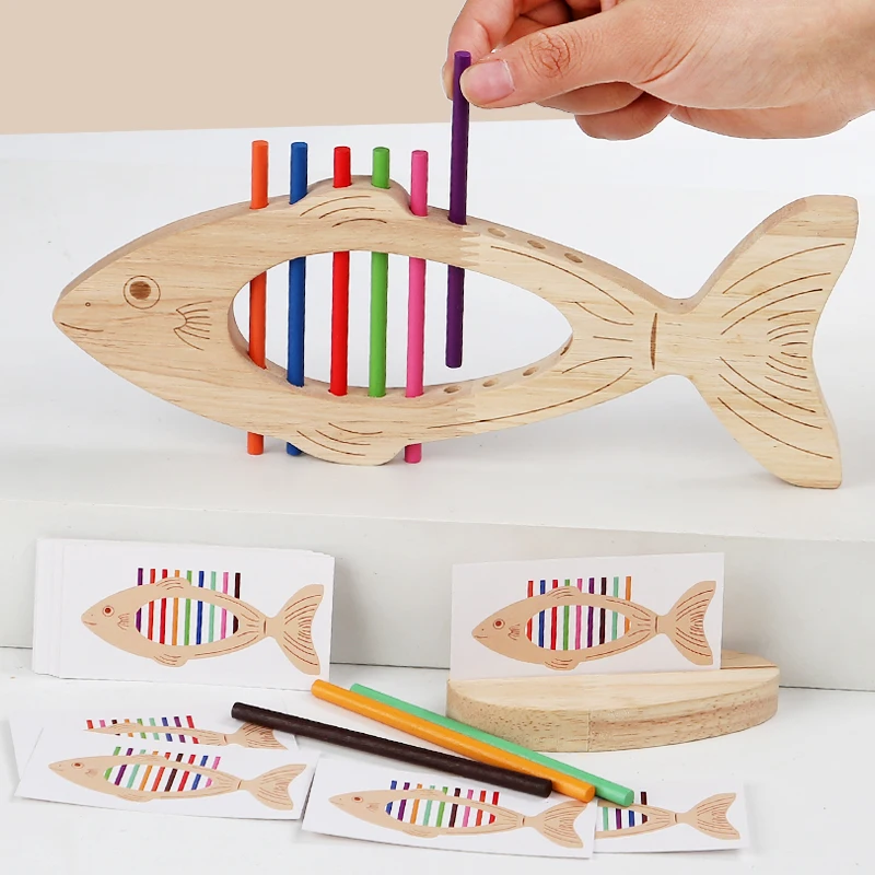 Montessori Color Matching Toy Wooden Fish Stick for Toddlers Color Sort Fine Training Game Puzzle Toy Early Education  Develop