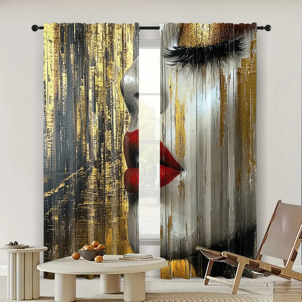 2pcs, spring summer Curtains Facial reflexes_ red lips and black eyelashes of women in urban landscapes Semi-Sheer Curtains