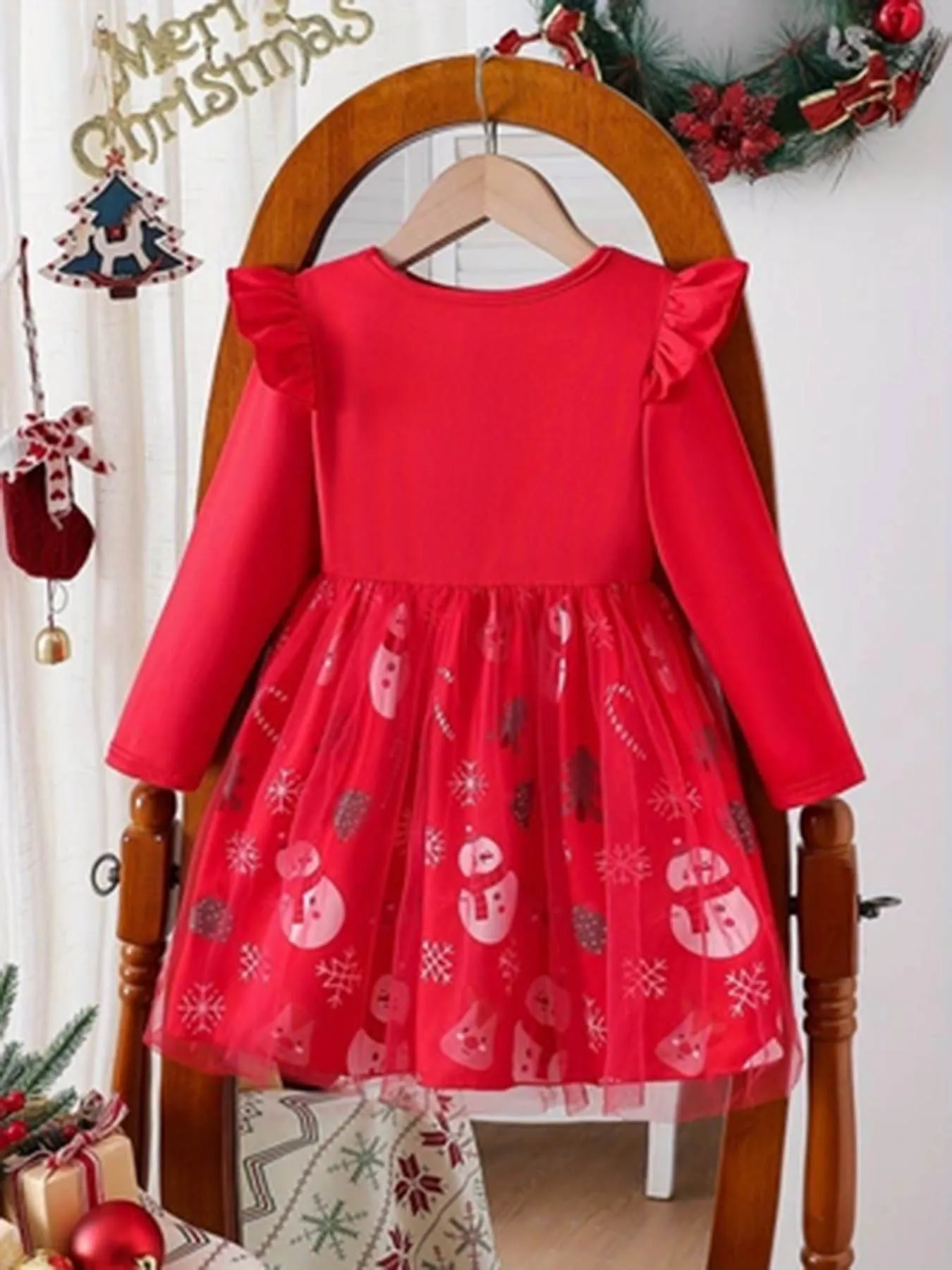 Girls' Christmas Red Long‑Sleeve Dress, Flutter Sleeves with Letter Print, Tulle Skirt with Snowflake and Snowman Patterns, Prin