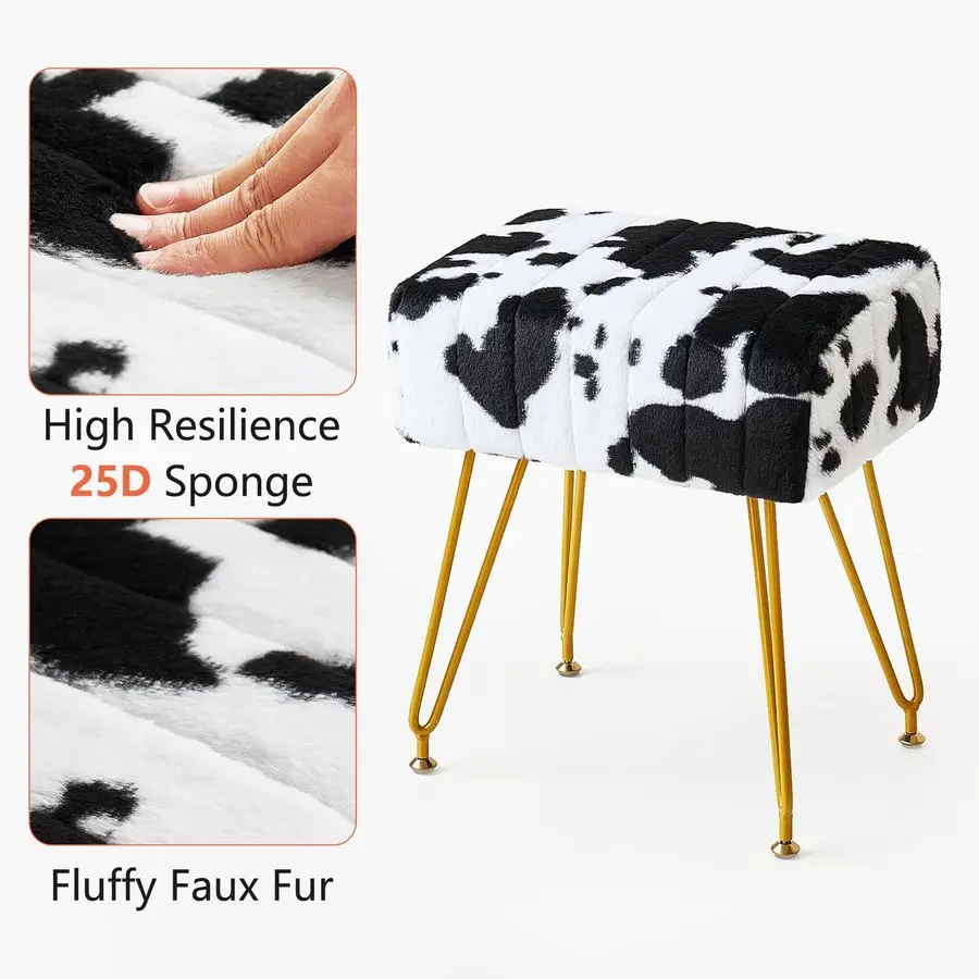 เก้าอี้แต่งหน้าหุ้มขนสัตว์เทียม ขาโลหะสีทอง พร้อมขาปรับระดับได้ เบาะนั่งนุ่มสบาย ใช้เป็นสตูลวางเท้าได้