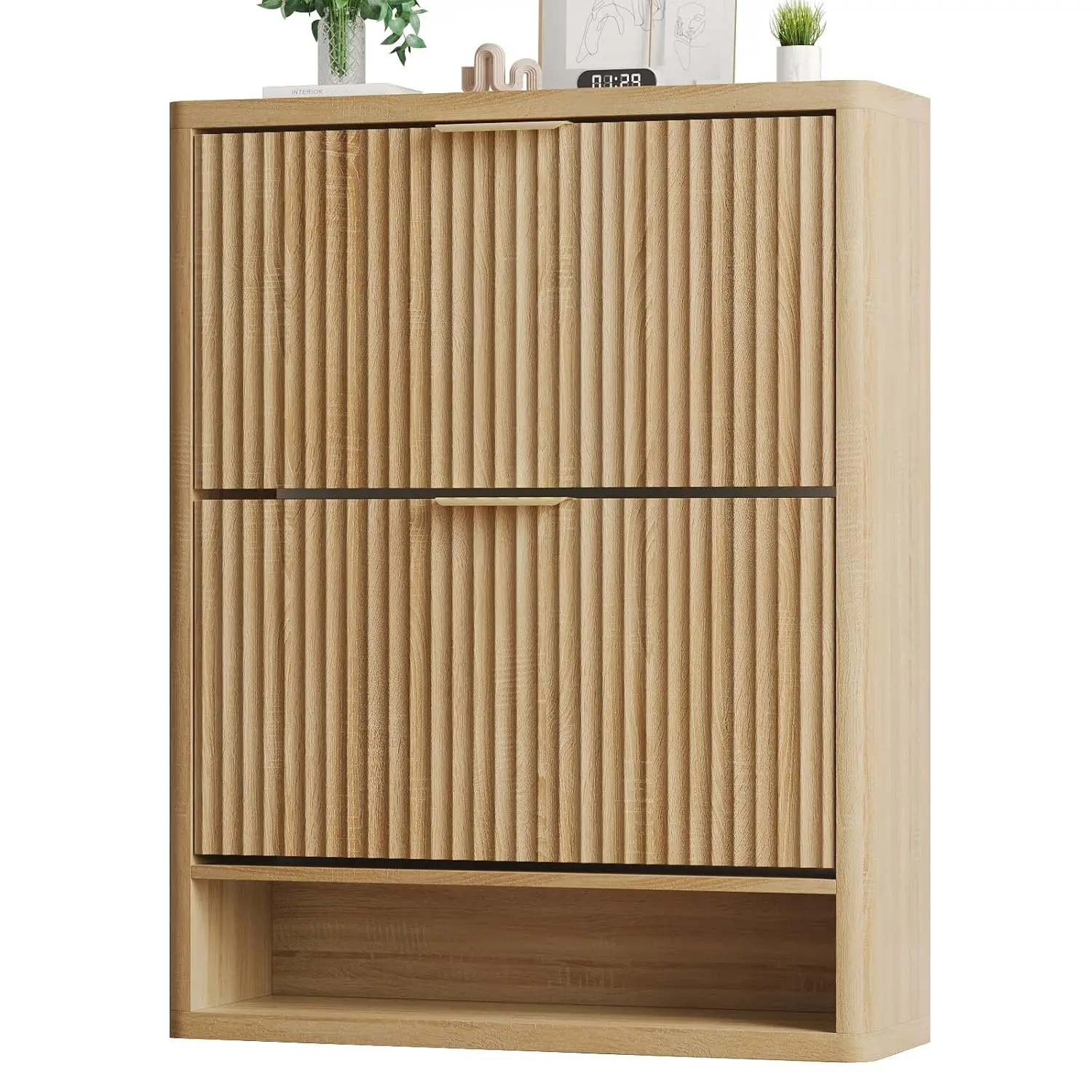 

Fluted Shoe Cabinet Storage with 2 Flip Drawers, Narrow Shoe Storage Organizer for Entryway, Hidden Slim Wooden Shoe Rack Cabine