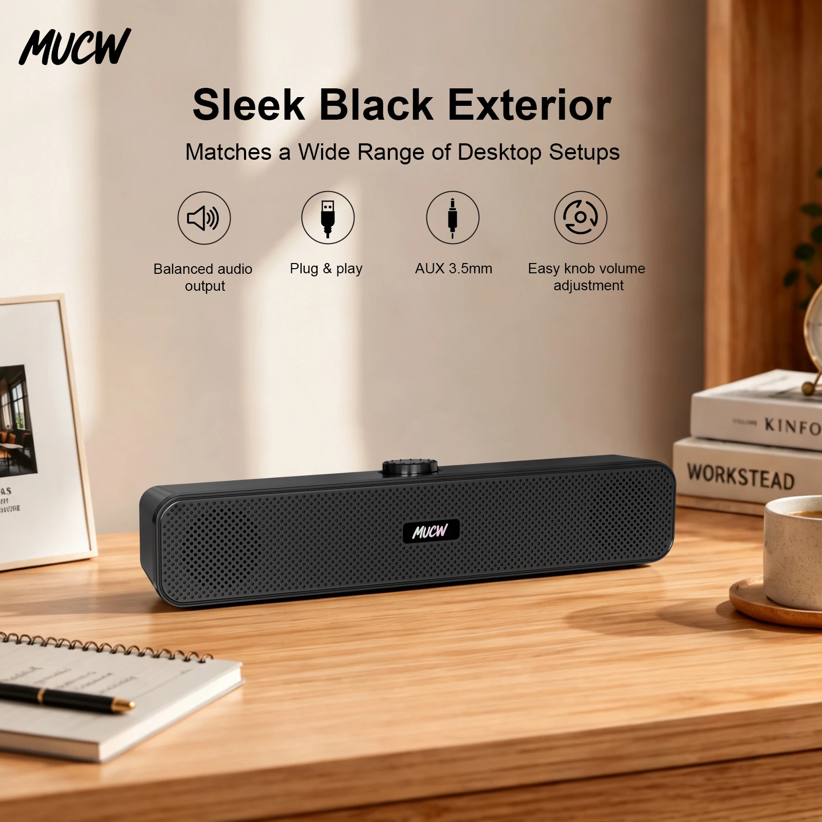 MUCW MU‑C08 Wired Computer Sound Bar Speaker USB Powered 3.5mm AUX Input Desktop Stereo Soundbar for PC Laptop Office Video Conference