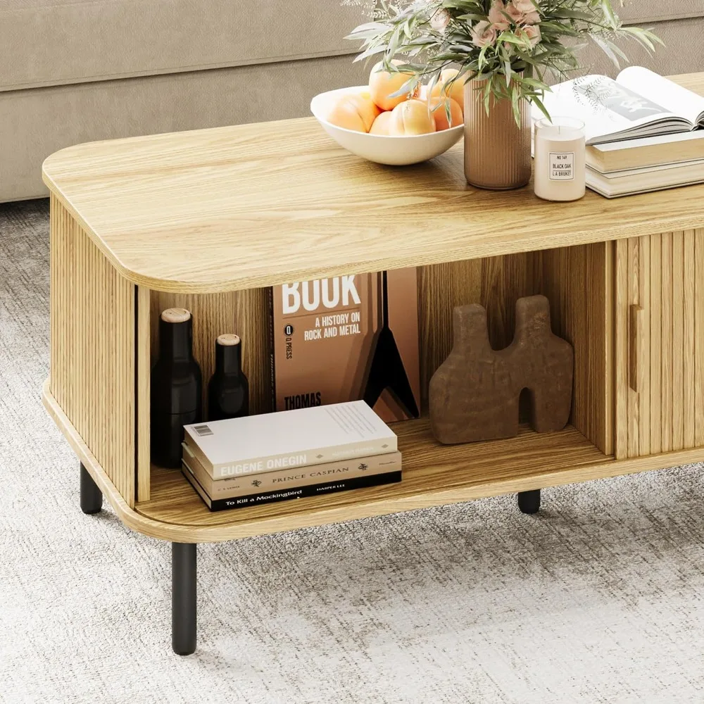 Mid Century Modern Storage Coffee Table, Rectangular Wooden Living Room Centerpiece with Sliding Drawers for Stylish Organizatio