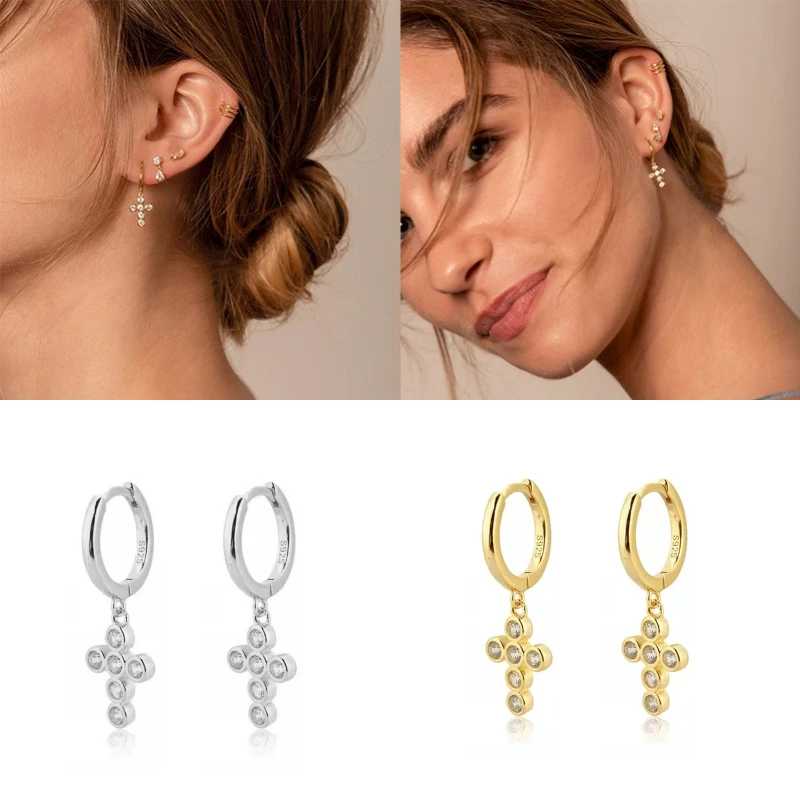 Fashion European and American Cross Hoop Earrings for Women Vintage Punk Rivet Circle Ear Ring Jewelry Orecchini Accessories